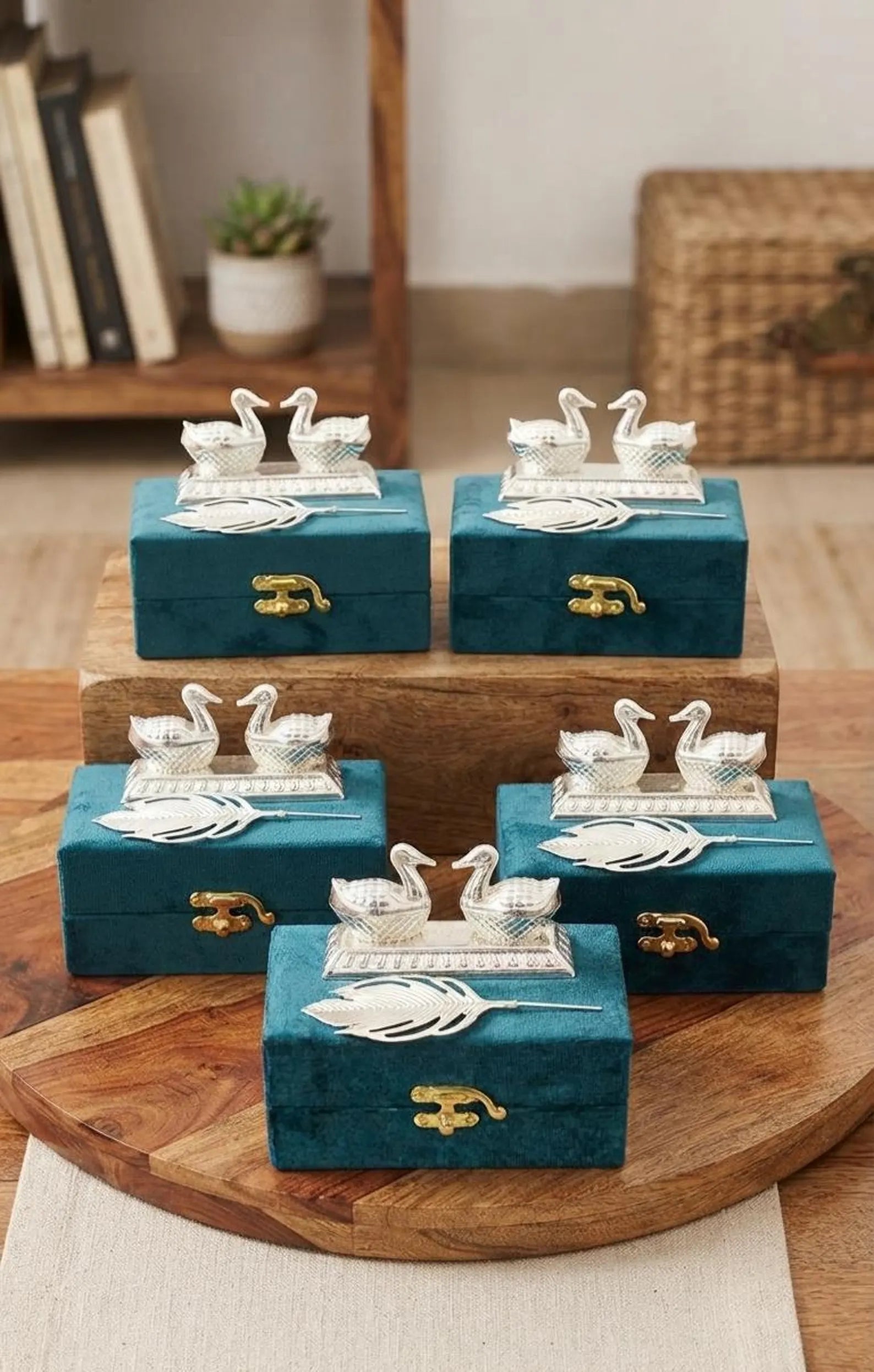 German Silver Swan & Feather Haldi Kum Kum  Set For Return Favors