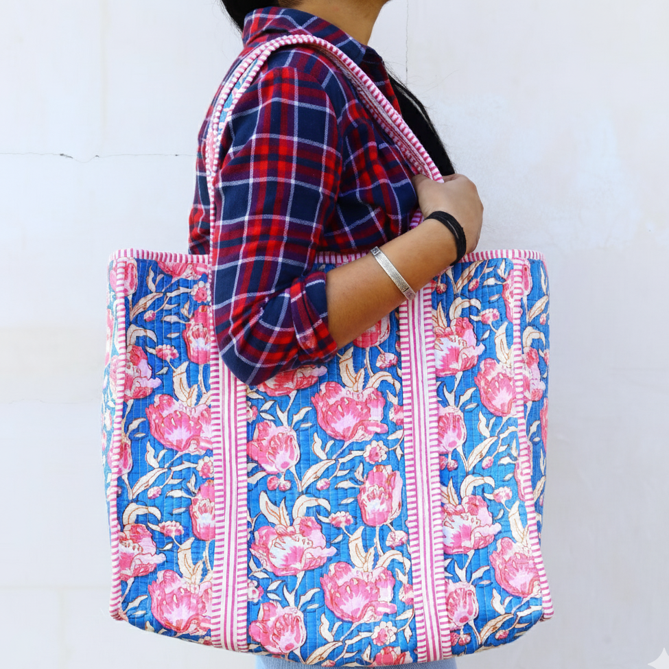 Cotton Quilted Tote Bag Floral Block Print, Boho Beach Bag, Bridesmaid Gifts