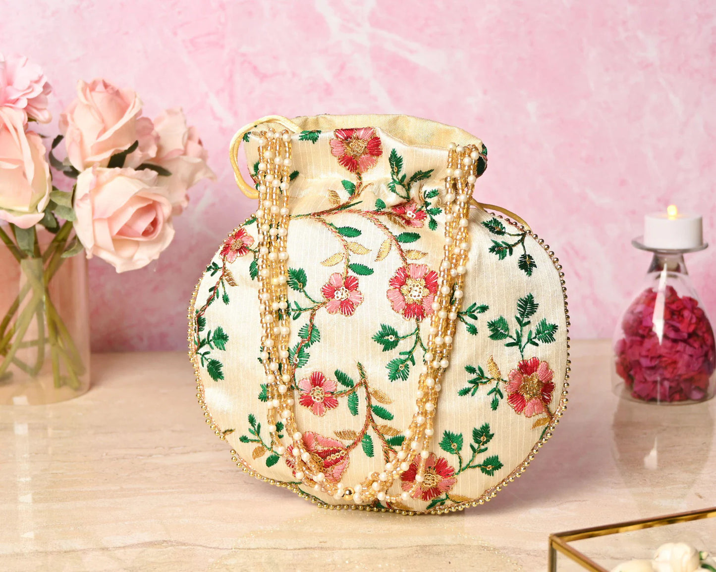 Beige Multicolor Embroidered Potli Bags For Gifts