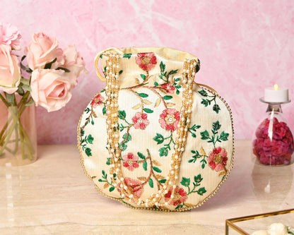 Beige Multicolor Embroidered Potli Bags For Gifts