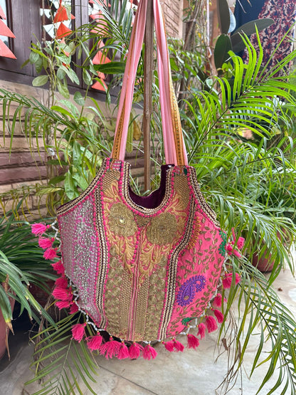 Pink Vintage Banjara Patch Work Embroidery Tote Bags