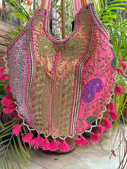 Pink Vintage Banjara Patch Work Embroidery Tote Bags