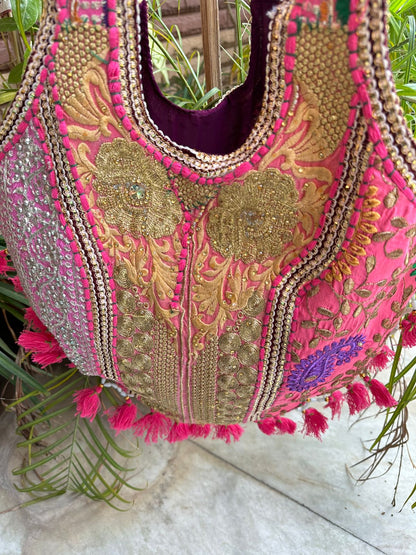 Pink Vintage Banjara Patch Work Embroidery Tote Bags