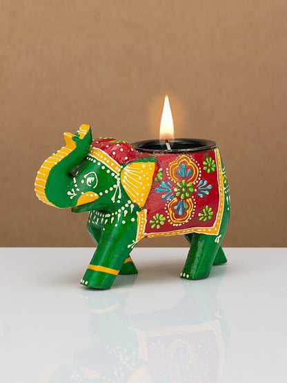 Wooden Hand Painted Elephant T-Light Candle Holder For Gifts