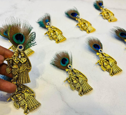 Radhe Krishna Peacock Feather Brooch Wedding Guest Welcome Brooches Milni Gifts