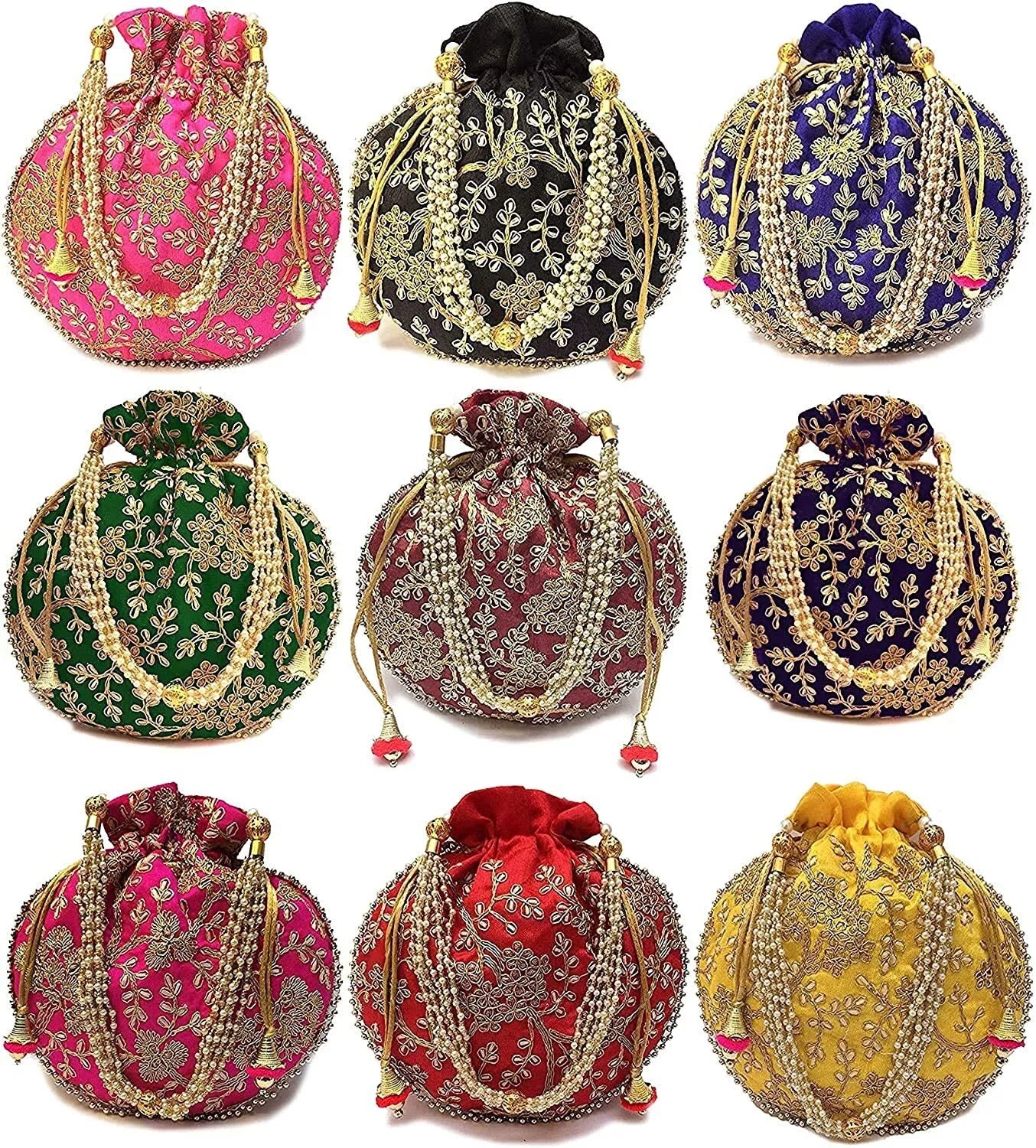 Set of colorful embroidered potli bags with intricate gold floral designs and decorative pearl handles