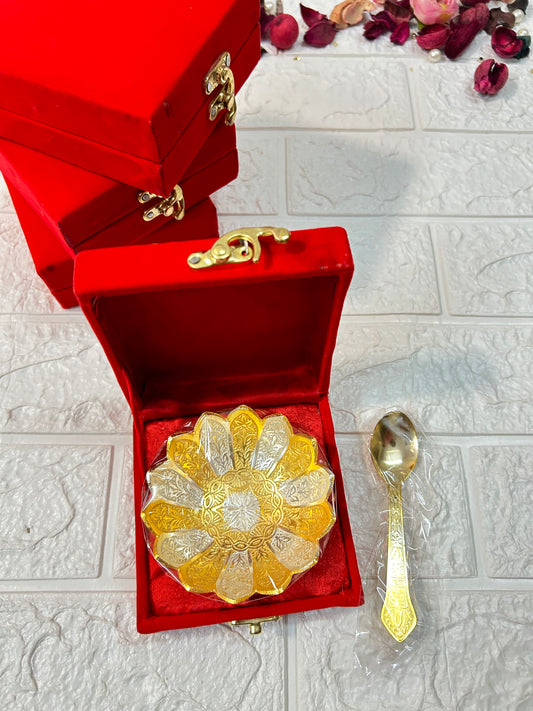 DesiTohfa gold-bowl-spoon-set with ornate silver and gold bowl and matching spoon in red gift box