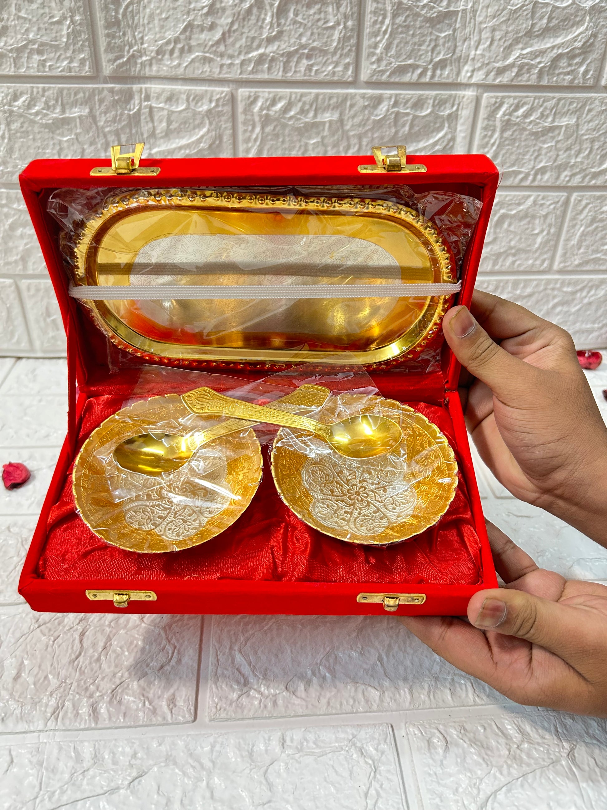 Gold & Silver Plated Bowl Spoon & Tray Set Wedding Favors Gifts For Guests in red velvet box