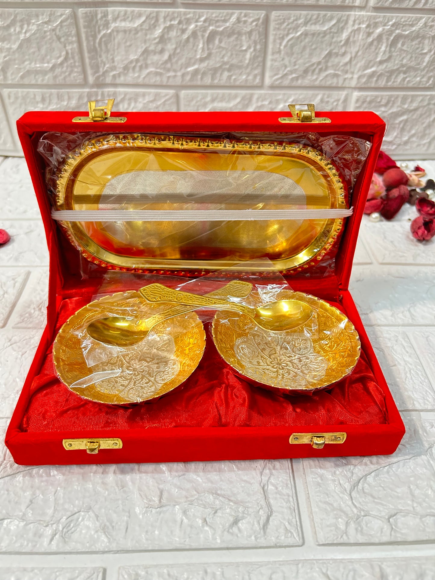Gold & Silver Plated Bowl Spoon & Tray Set Wedding Favors Gifts For Guests in red gift box