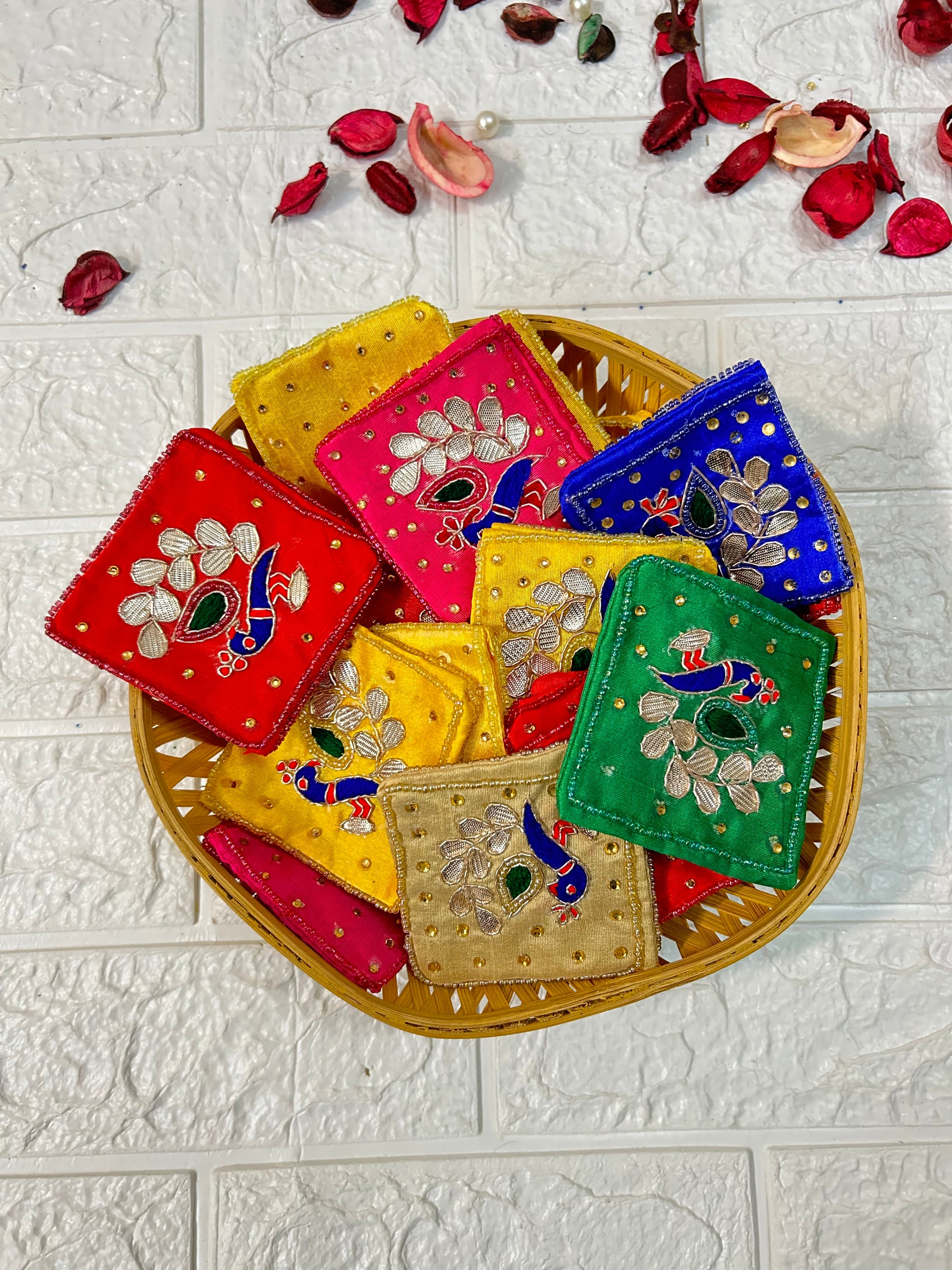 Gota Patti Coin Pouch & Meenakari Jhumki Earrings Combo Bridesmaid Gifts, Mehndi, Sangeet Gifts