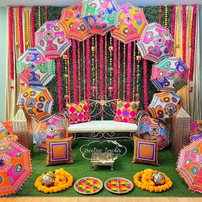 Indian Embroidered Umbrella Mehndi Sangeet Party Decoration, Wedding Backdrop Decor