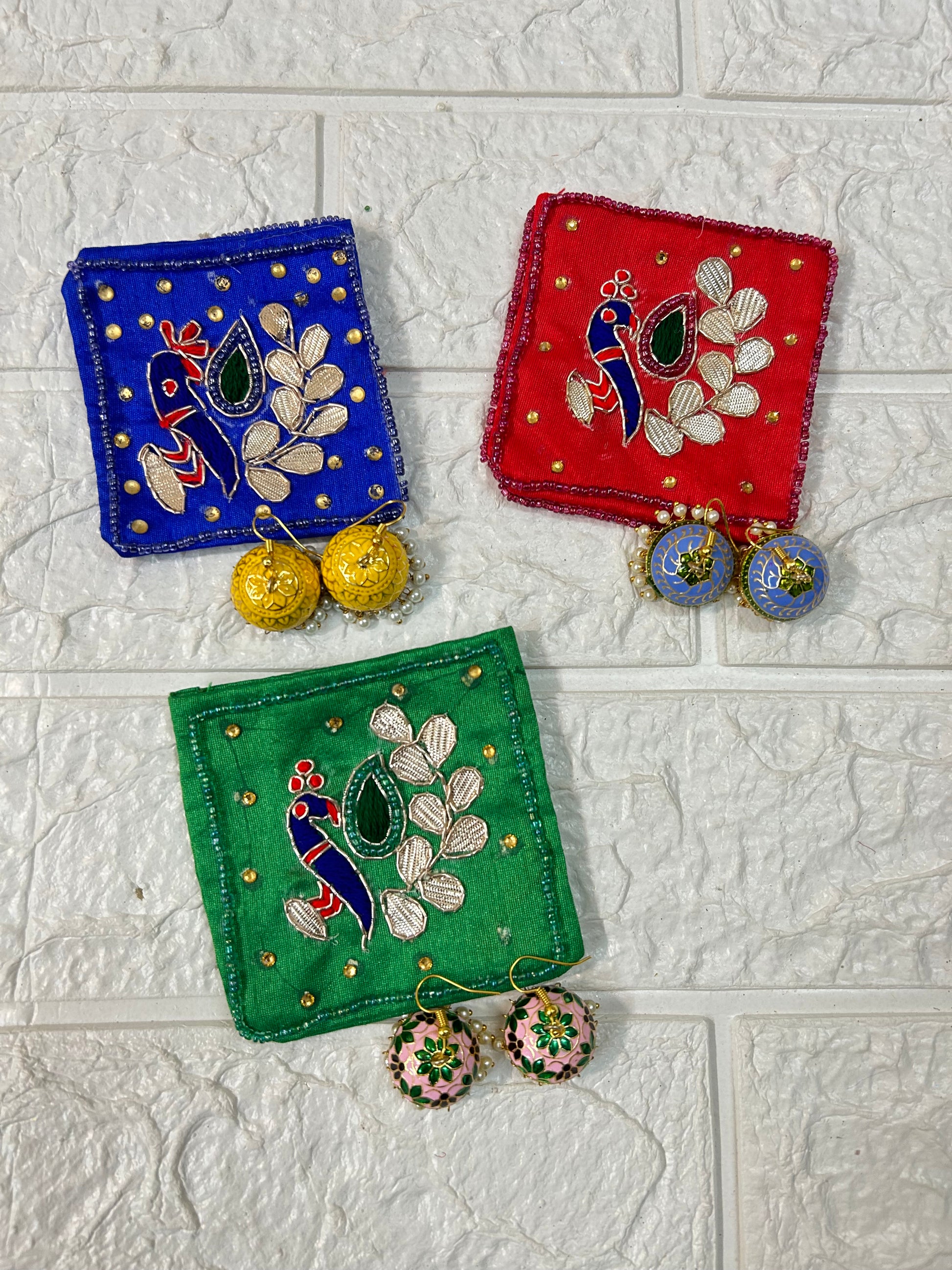 Gota Patti Coin Pouch & Meenakari Jhumki Earrings Combo Bridesmaid Gifts, Mehndi, Sangeet Gifts