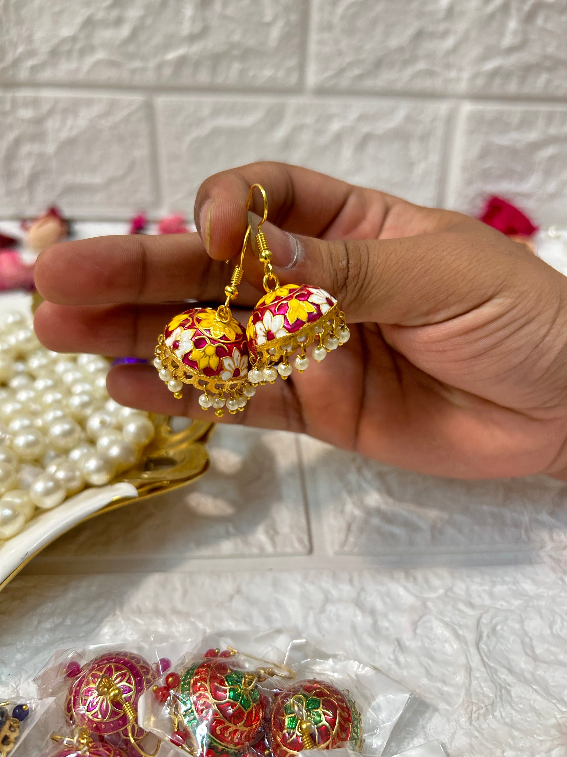 Gota Patti Coin Pouch & Meenakari Jhumki Earrings Combo Bridesmaid Gifts, Mehndi, Sangeet Gifts