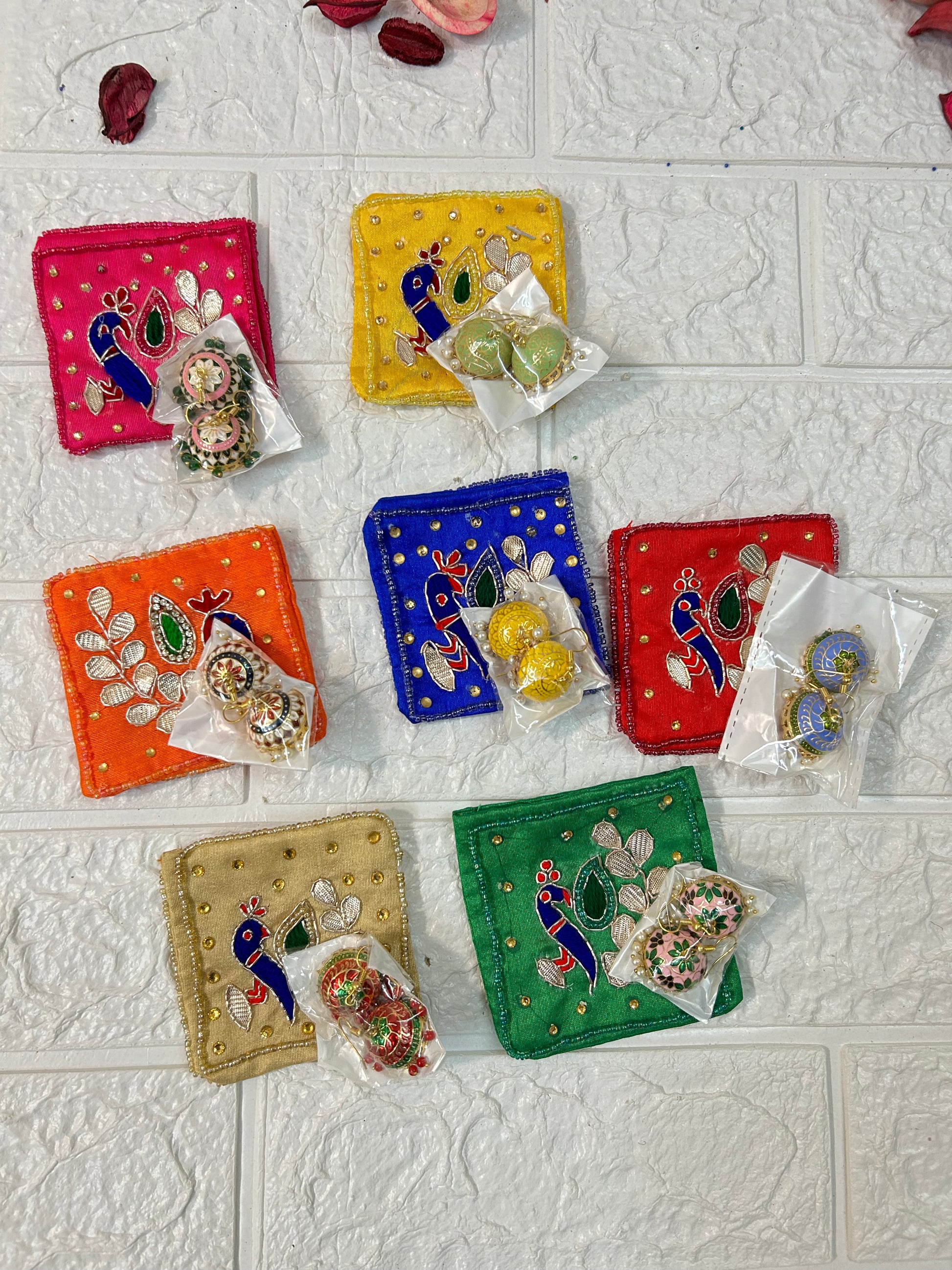 Gota Patti Coin Pouch & Meenakari Jhumki Earrings Combo Bridesmaid Gifts, Mehndi, Sangeet Gifts