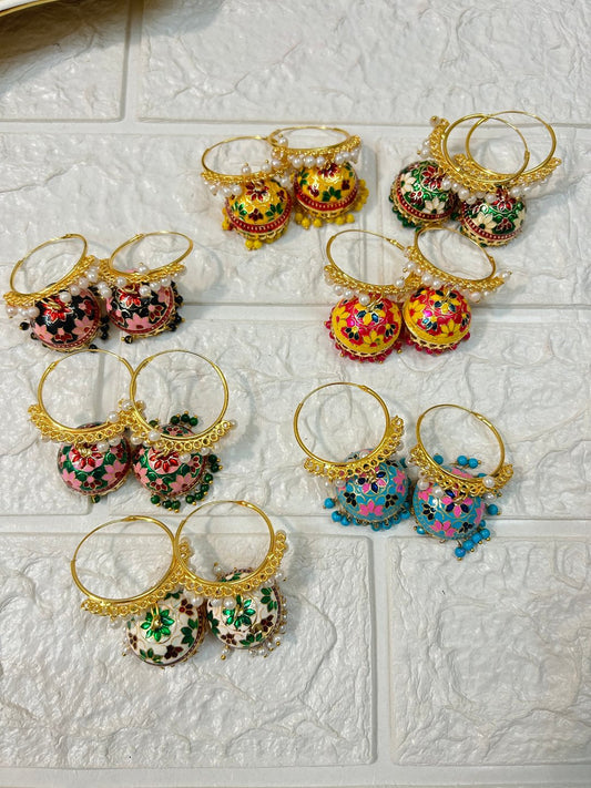 DesiTohfa colorful Meenakari Jhumka earrings with intricate floral designs and gold accents
