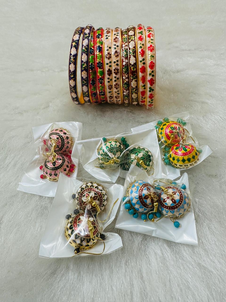 Hand-painted Meenakari bangles and earrings combo, perfect for mehndi, sangeet, haldi, dholki & nikkah functions. Elegant bridesmaid and wedding return gifts.