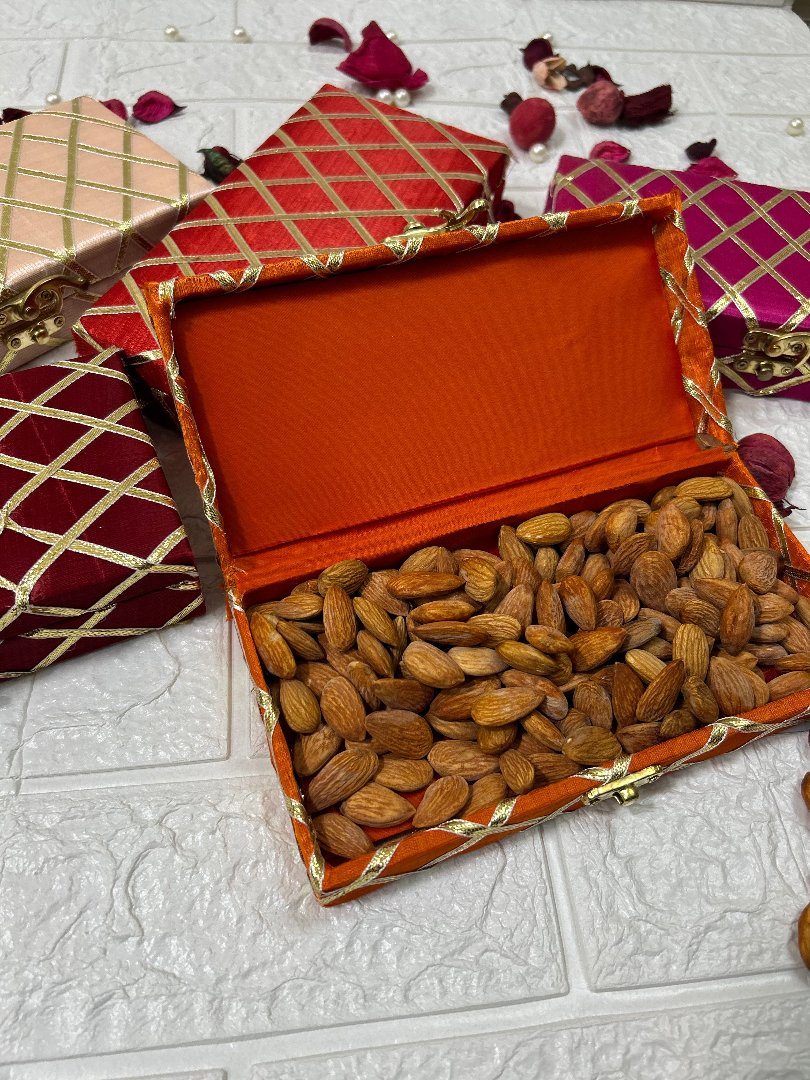 DesiTohfa colorful Shagun Boxes with intricate patterns, one open box filled with almonds