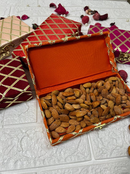 DesiTohfa colorful Shagun Boxes with intricate patterns, one open box filled with almonds