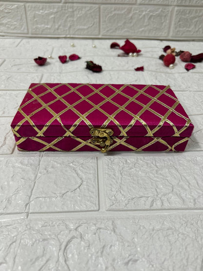 DesiTohfa Shagun Box in maroon with gold lattice design and secure clasp for gifting purposes