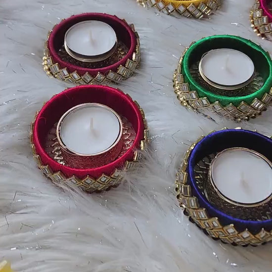 Kundan Work T-Light Candle Holder, Wedding Favors, Diwali, Puja Gifts