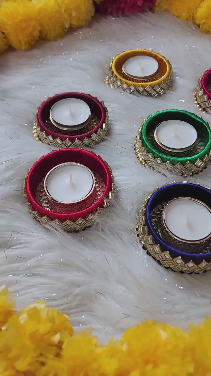 Kundan Work T-Light Candle Holder, Wedding Favors, Diwali, Puja Gifts