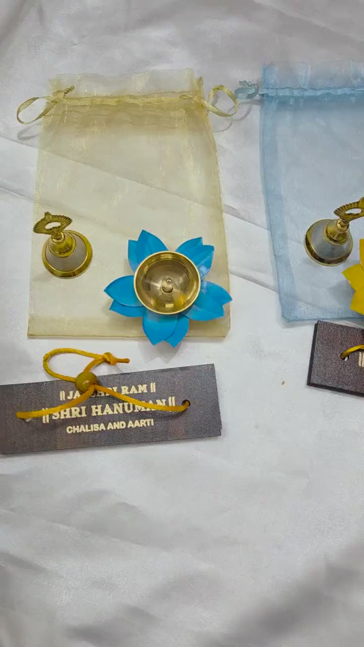 Hanuman Chalisa Gift Set with Lotus Diya and Mini Bell, Traditional Wedding Return Gift, Diwali Favor, Pooja Accessory Set