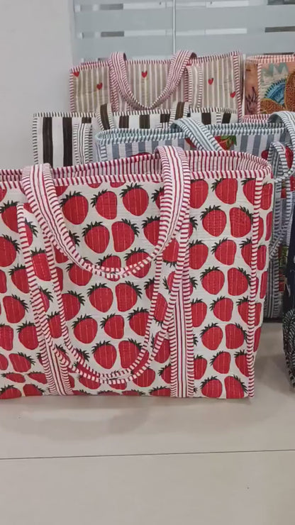 Cotton Quilted Tote Bag Floral Block Print, Boho Beach Bag, Bridesmaid Gifts