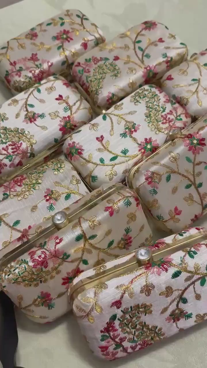 Elegant beige clutch Ideal for wedding favors, bridesmaid gifts & women’s return gifts.