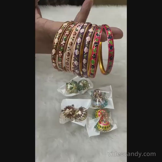 Hand-painted Meenakari bangles and earrings combo, perfect for mehndi, sangeet, haldi, dholki & nikkah functions. Elegant bridesmaid and wedding return gifts.