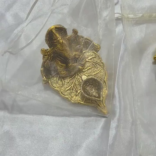 Handcrafted Gold Ganesha on Leaf Stand with Organza Pouch For Return Gifts