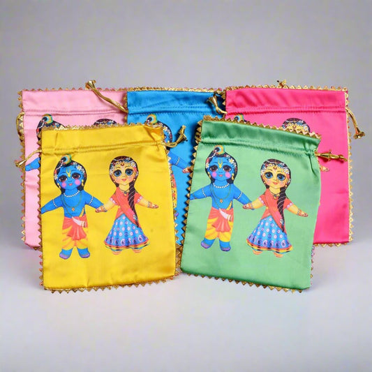 Desi Tohfa colorful Radhe Krishna Potli bags with traditional artwork and gold trim