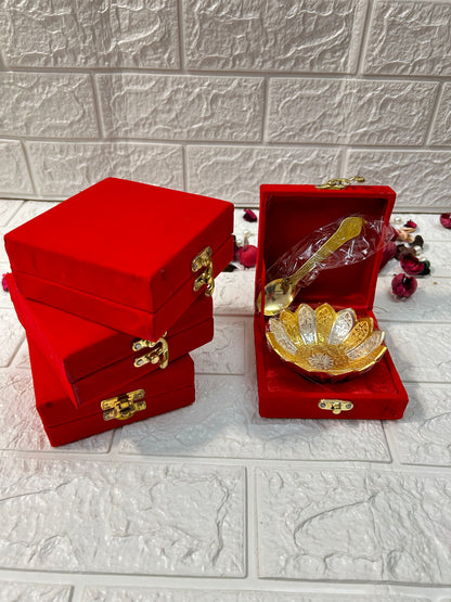 DesiTohfa gold-bowl-spoon-set in decorative gold design with red velvet gift boxes