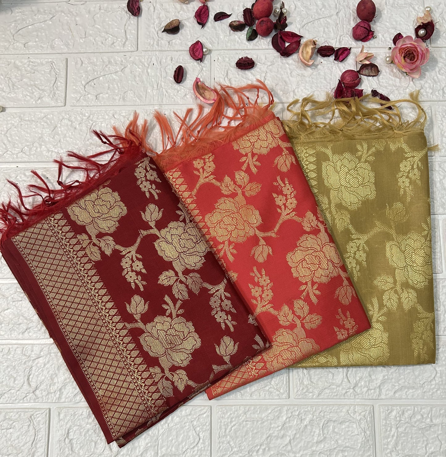 Set of three DesiTohfa Banarasi Dupatta in red, orange, and gold with intricate floral patterns and fringed edges