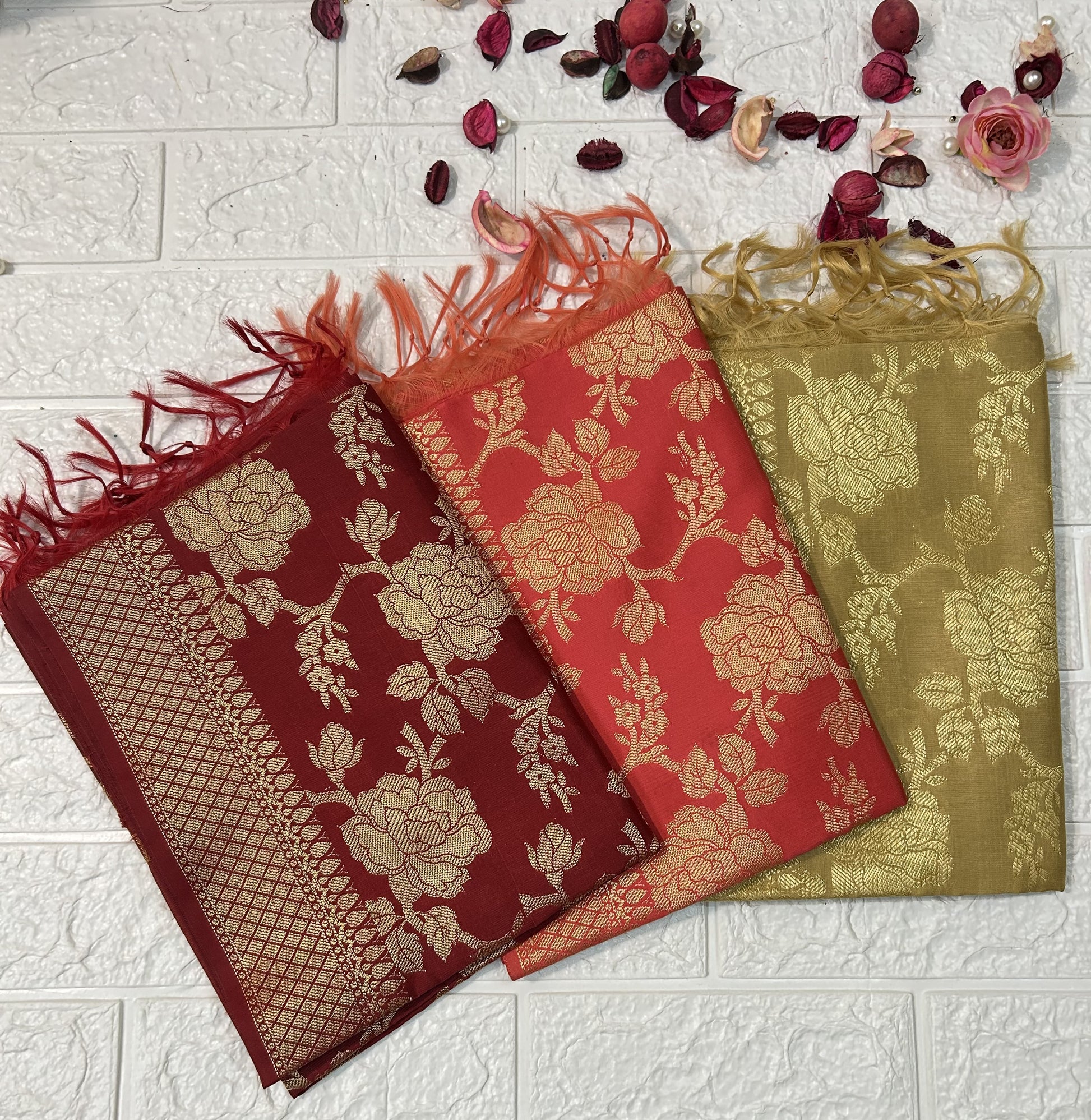 Set of three DesiTohfa Banarasi Dupatta in red, orange, and gold with intricate floral patterns and fringed edges