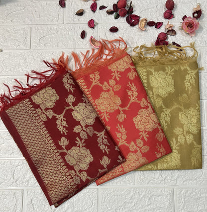 Set of three DesiTohfa Banarasi Dupatta in red, orange, and gold with intricate floral patterns and fringed edges