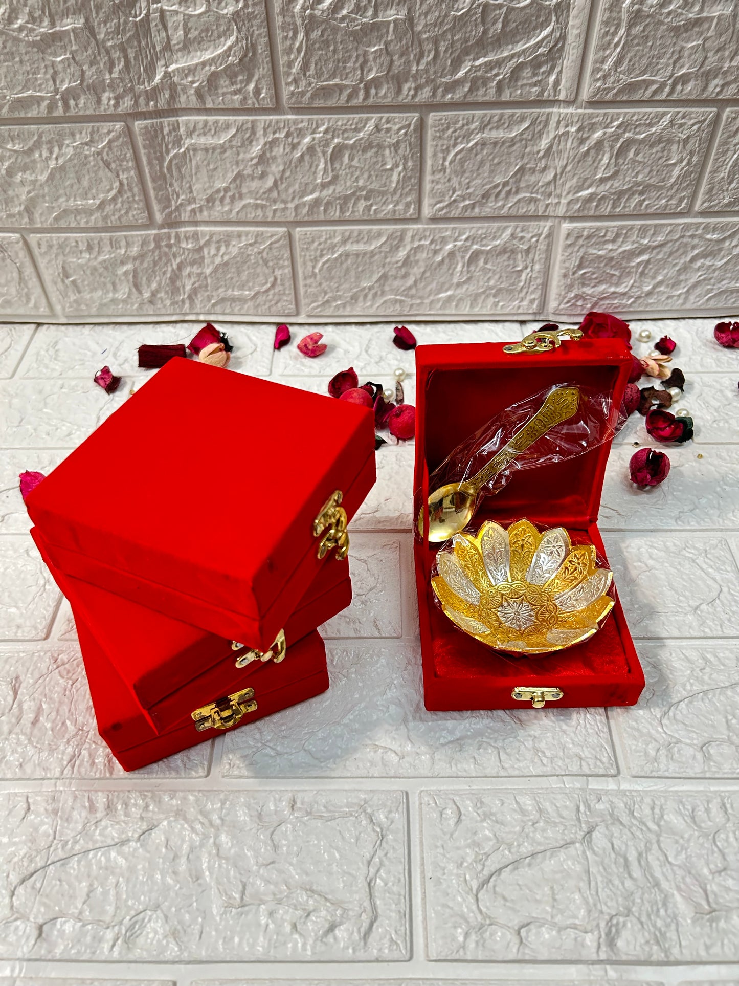 DesiTohfa gold-bowl-spoon-set in ornate design with red velvet boxes for elegant gifting