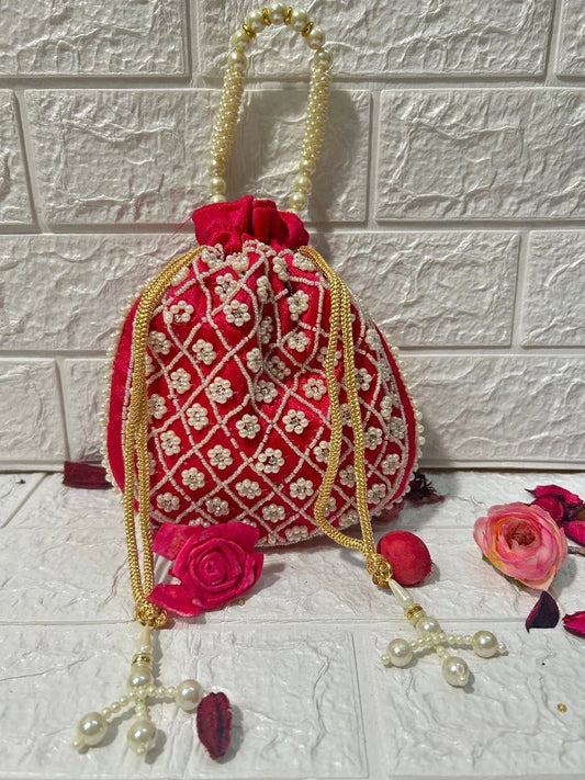DesiTohfa red potli bag with pearl and gold thread work Pearl Work Potli Bags For Bridesmaid Gifts