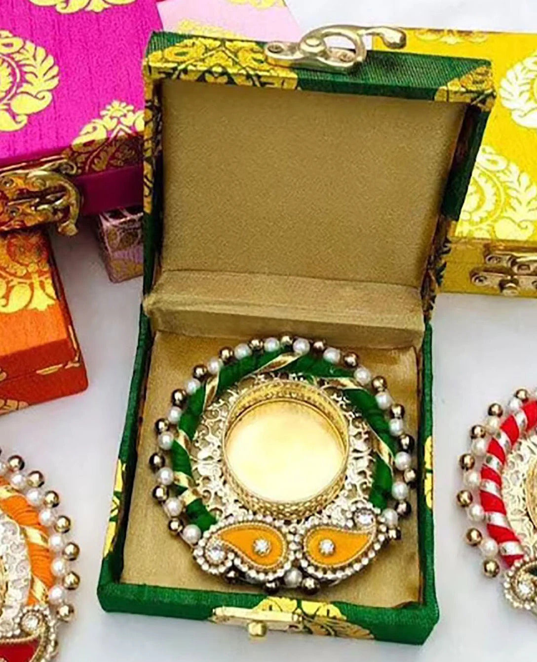 Set Of Candle Holder And Brocade Box Diwali Gifts For Guests